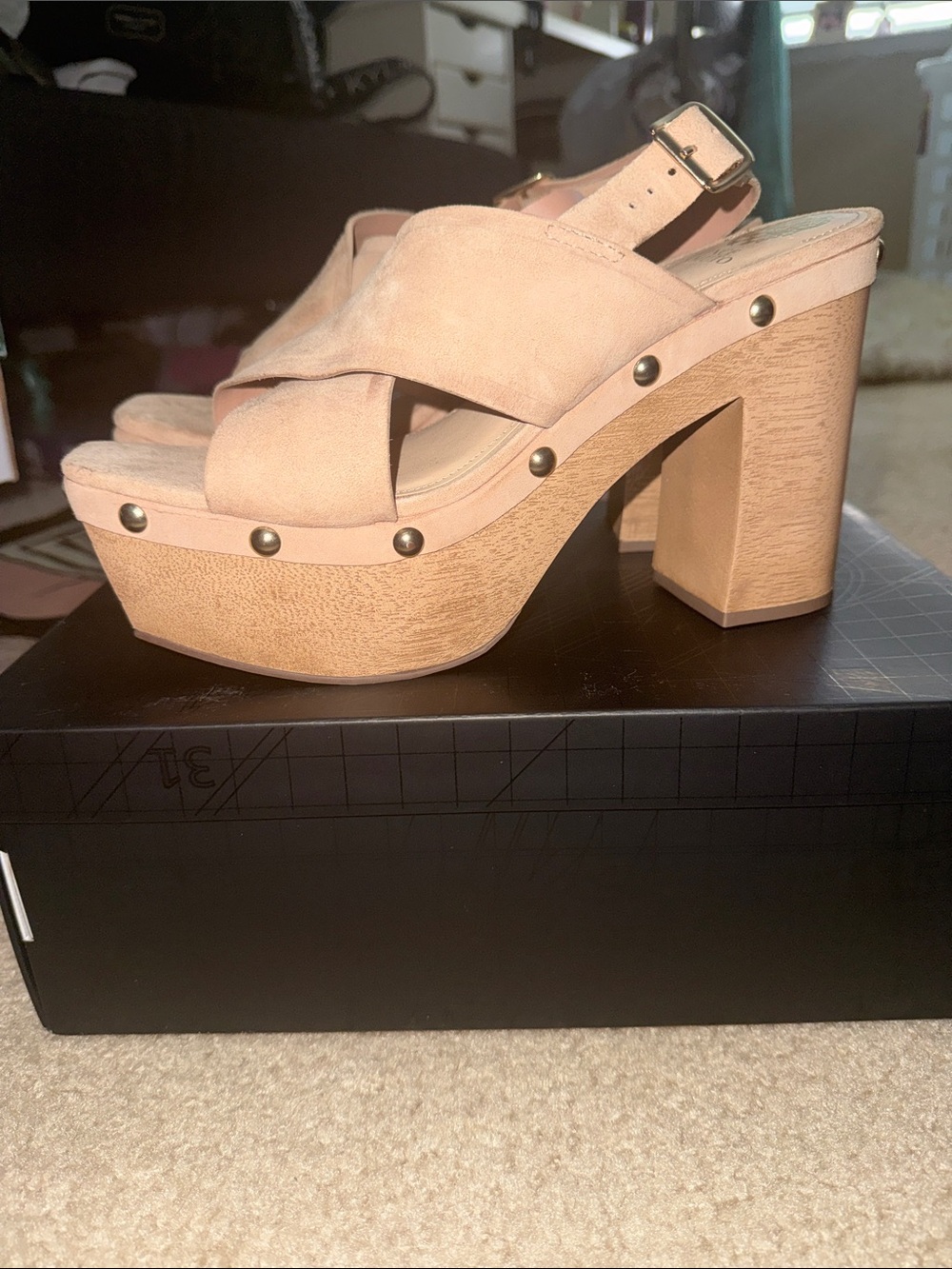 Vince Camuto Nude Suede Platform Sandals with Stud Details